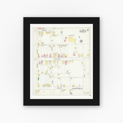 Old map wall art mockup — black gallery frame with white mat — Sanborn Fire Insurance Map from Greencastle, Franklin County, Pennsylvania (1907), Sheet #0004