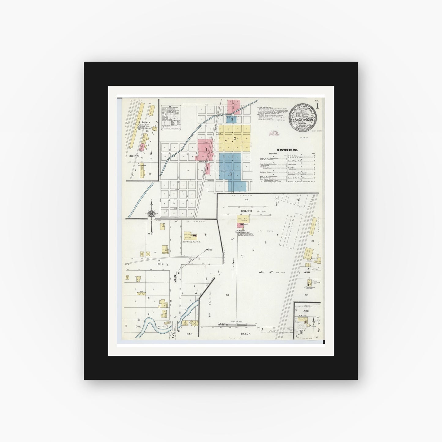 Old map wall art mockup — black gallery frame with white mat — Sanborn Fire Insurance Map from Cedar Springs, Kent County, Michigan (1910) - Complete Map Set