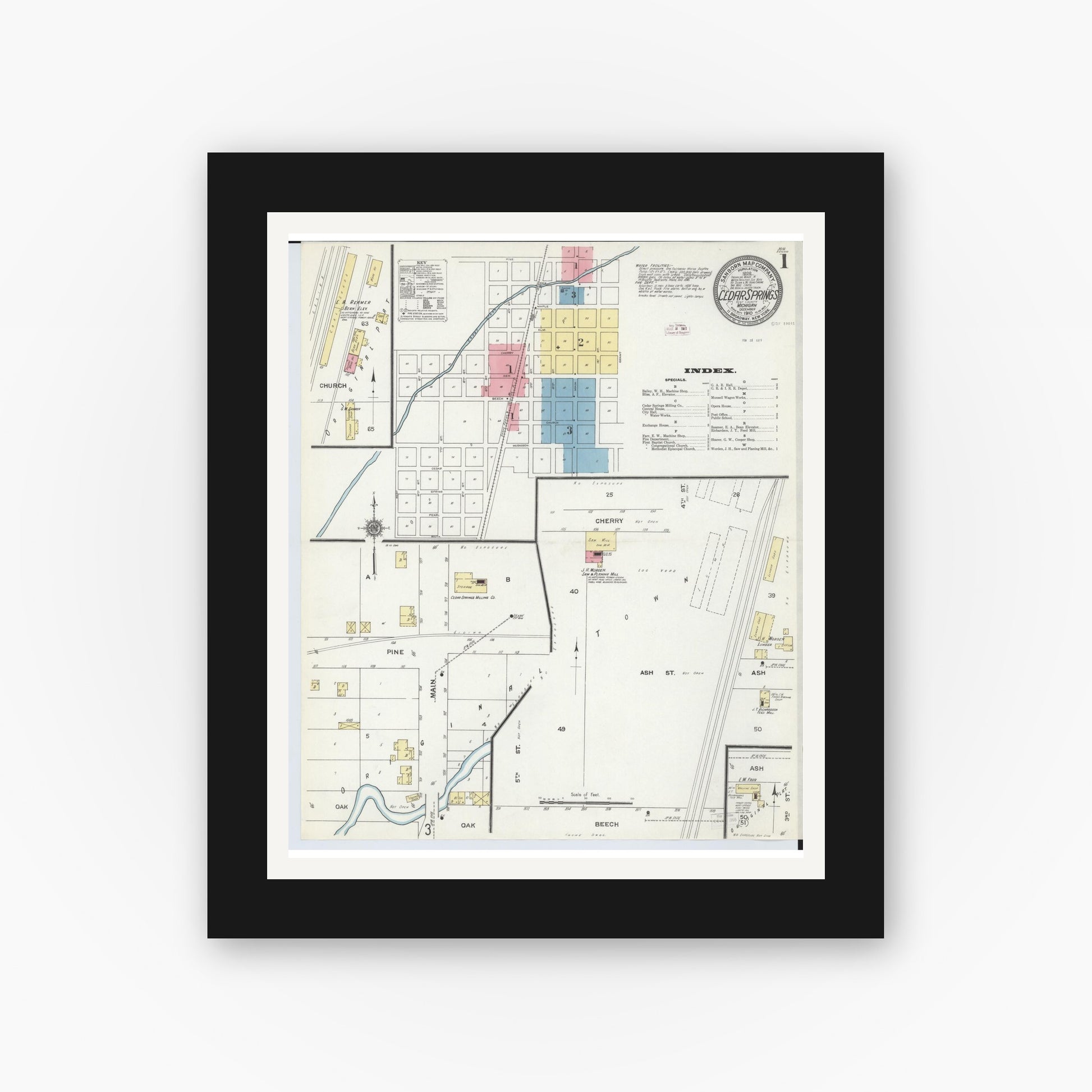 Old map wall art mockup — black gallery frame with white mat — Sanborn Fire Insurance Map from Cedar Springs, Kent County, Michigan (1910) - Complete Map Set