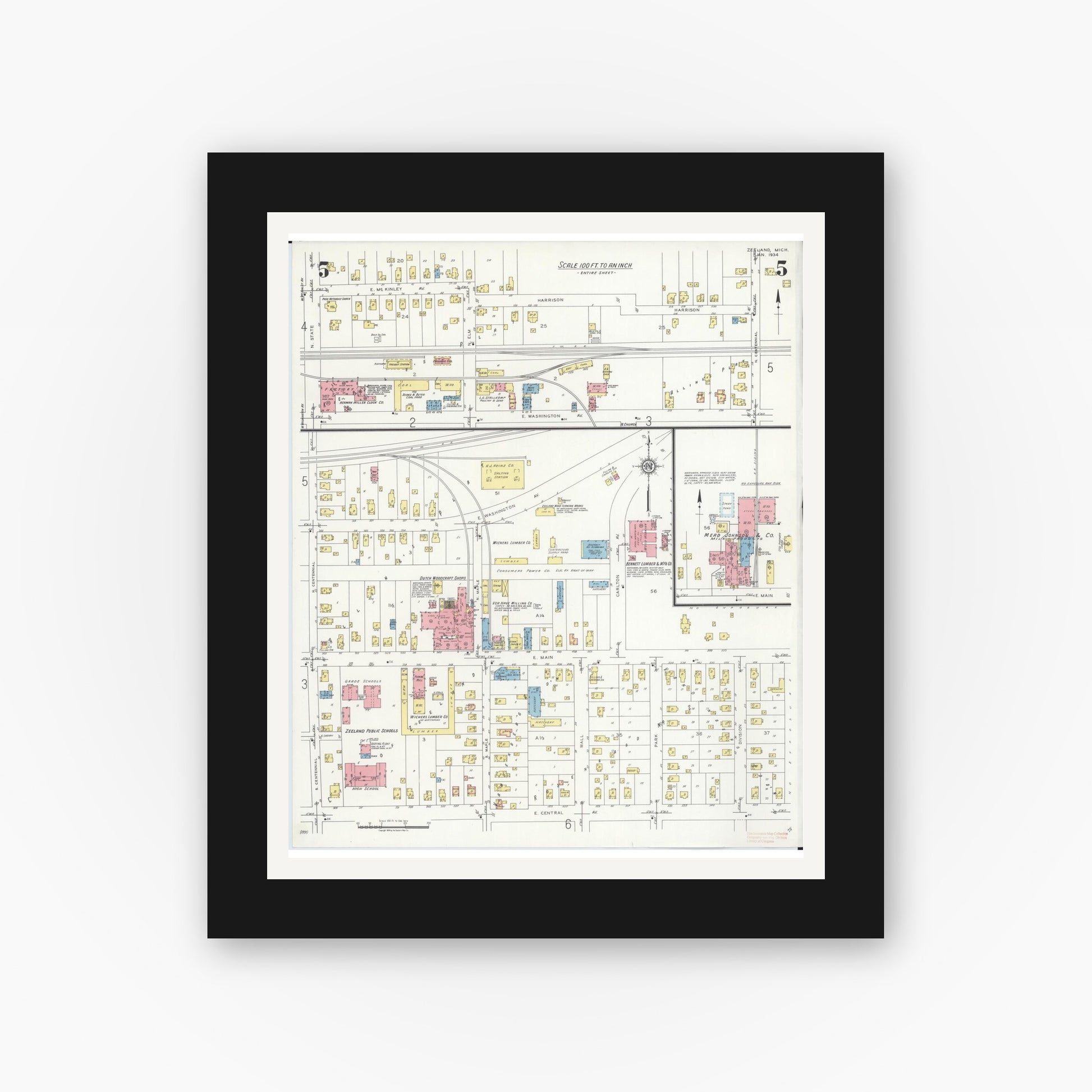 Old map wall art mockup — black gallery frame with white mat — Sanborn Fire Insurance Map from Zeeland, Ottawa County, Michigan (1934), Sheet #0005