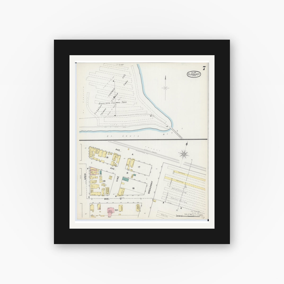 Old map wall art mockup — black gallery frame with white mat — Sanborn Fire Insurance Map from Cloquet, Carlton County, Minnesota (1892), Sheet #0007