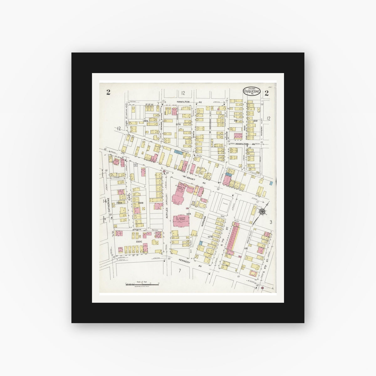 Old map wall art mockup — black gallery frame with white mat — Sanborn Fire Insurance Map from Duquesne, Allegheny County, Pennsylvania (1925), Sheet #0002
