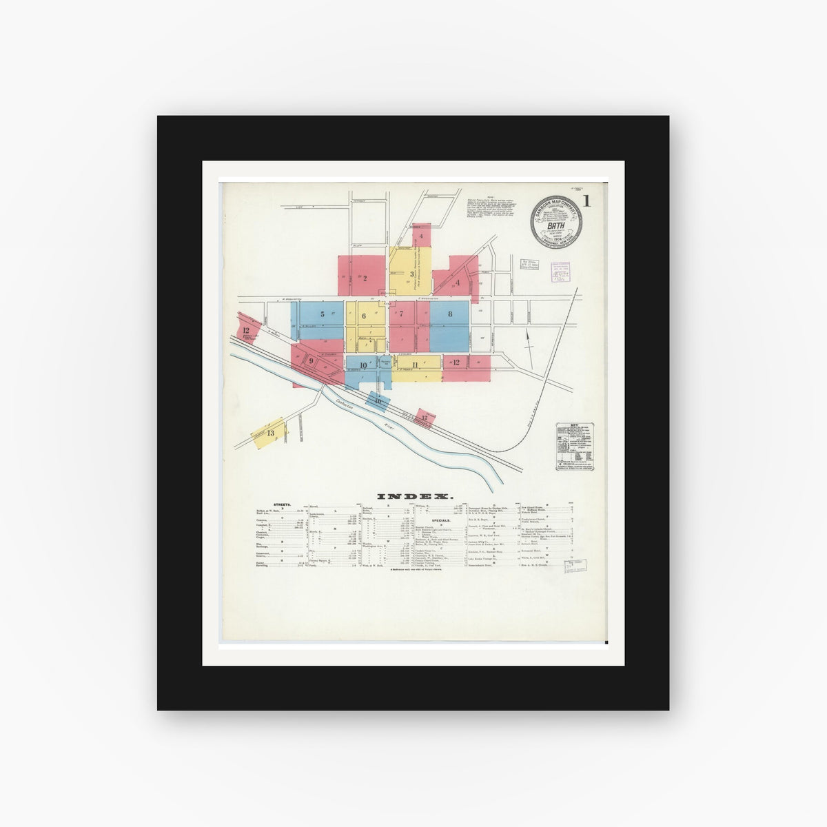 Old map wall art mockup — black gallery frame with white mat — Sanborn Fire Insurance Map from Bath, Steuben County, New York (1904) - Complete Map Set