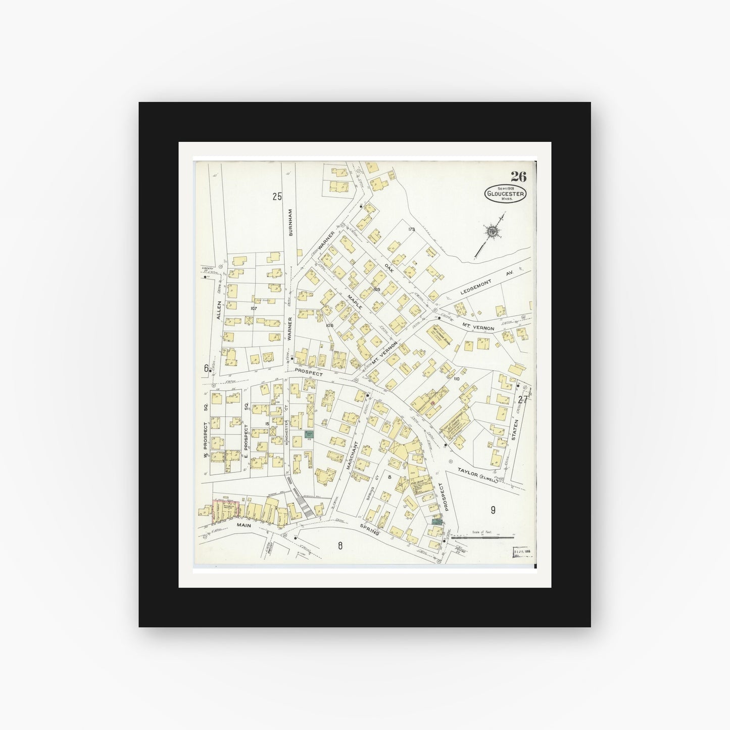 Old map wall art mockup — black gallery frame with white mat — Sanborn Fire Insurance Map from Gloucester, Essex County, Massachusetts (1909), Sheet #0026