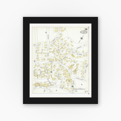 Old map wall art mockup — black gallery frame with white mat — Sanborn Fire Insurance Map from Gloucester, Essex County, Massachusetts (1909), Sheet #0026