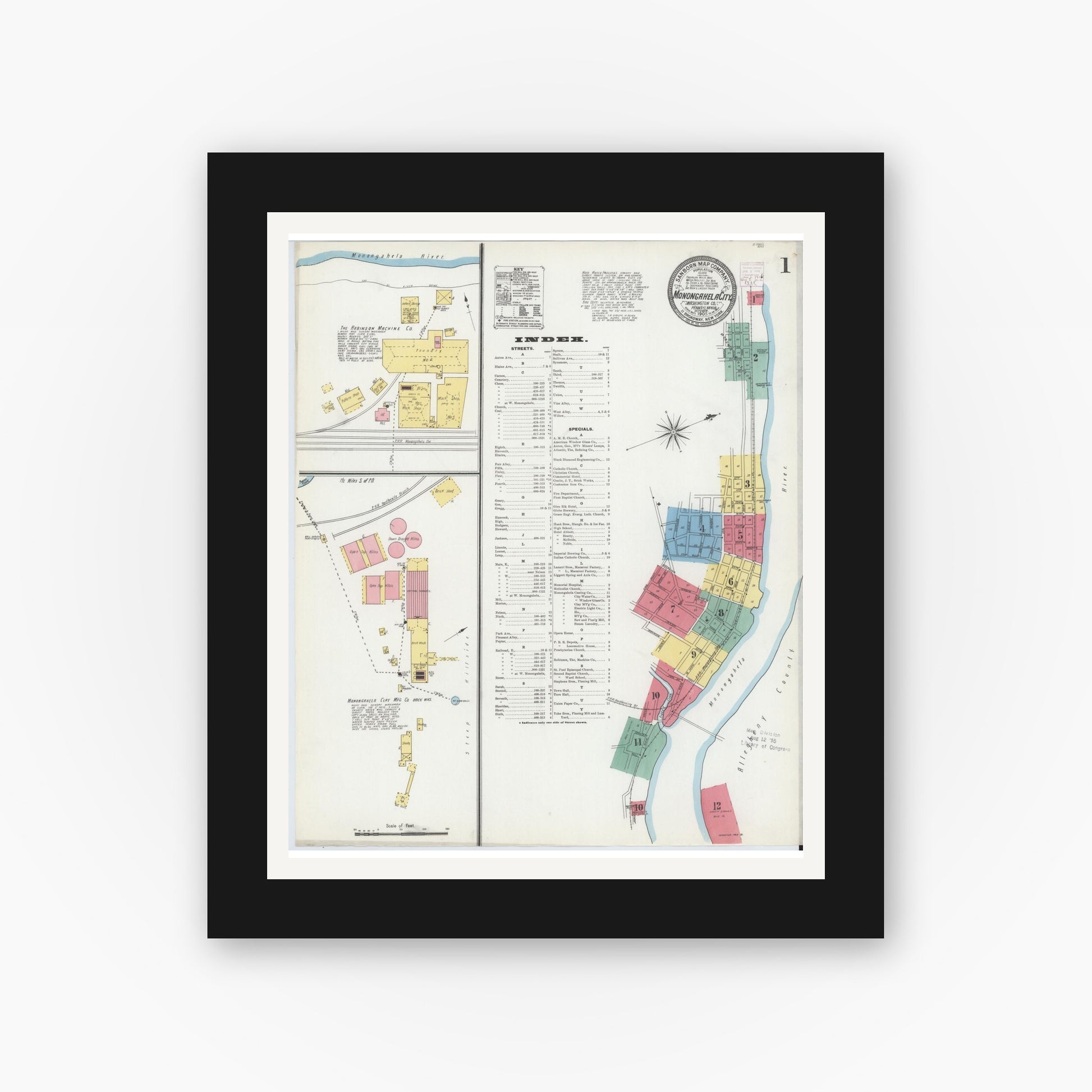 Old map wall art mockup — black gallery frame with white mat — Sanborn Fire Insurance Map from Monongahela City, Washington County, Pennsylvania (1905), Sheet #0001