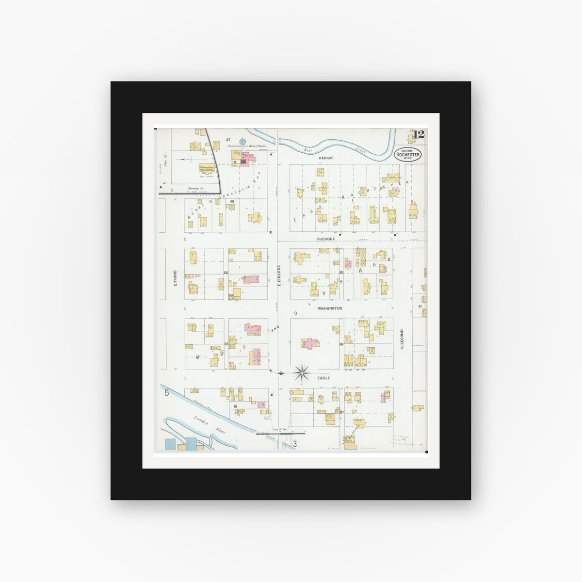 Old map wall art mockup — black gallery frame with white mat — Sanborn Fire Insurance Map from Rochester, Olmsted County, Minnesota (1899), Sheet #0012