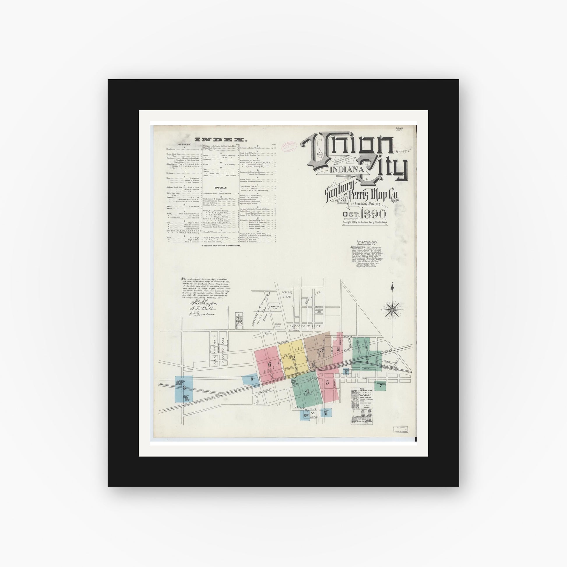 Old map wall art mockup — black gallery frame with white mat — Sanborn Fire Insurance Map from Union City, Randolph County, Indiana (1890) - Complete Map Set