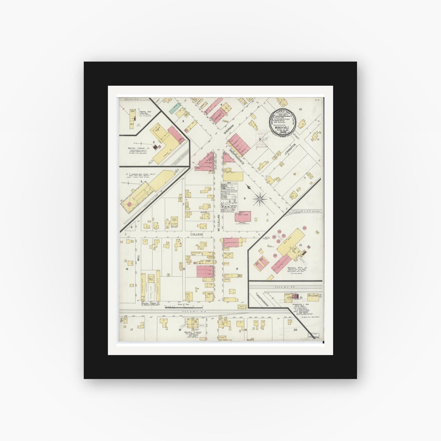 Old map wall art mockup — black gallery frame with white mat — Sanborn Fire Insurance Map from Windfall, Tipton County, Indiana (1900), Sheet #0001