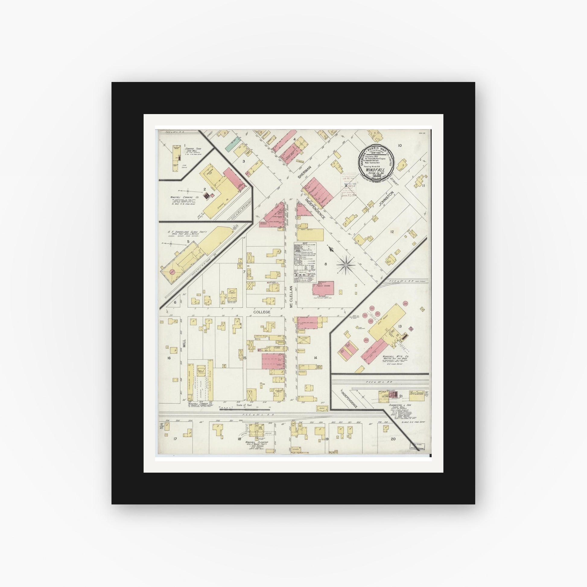 Old map wall art mockup — black gallery frame with white mat — Sanborn Fire Insurance Map from Windfall, Tipton County, Indiana (1900), Sheet #0001