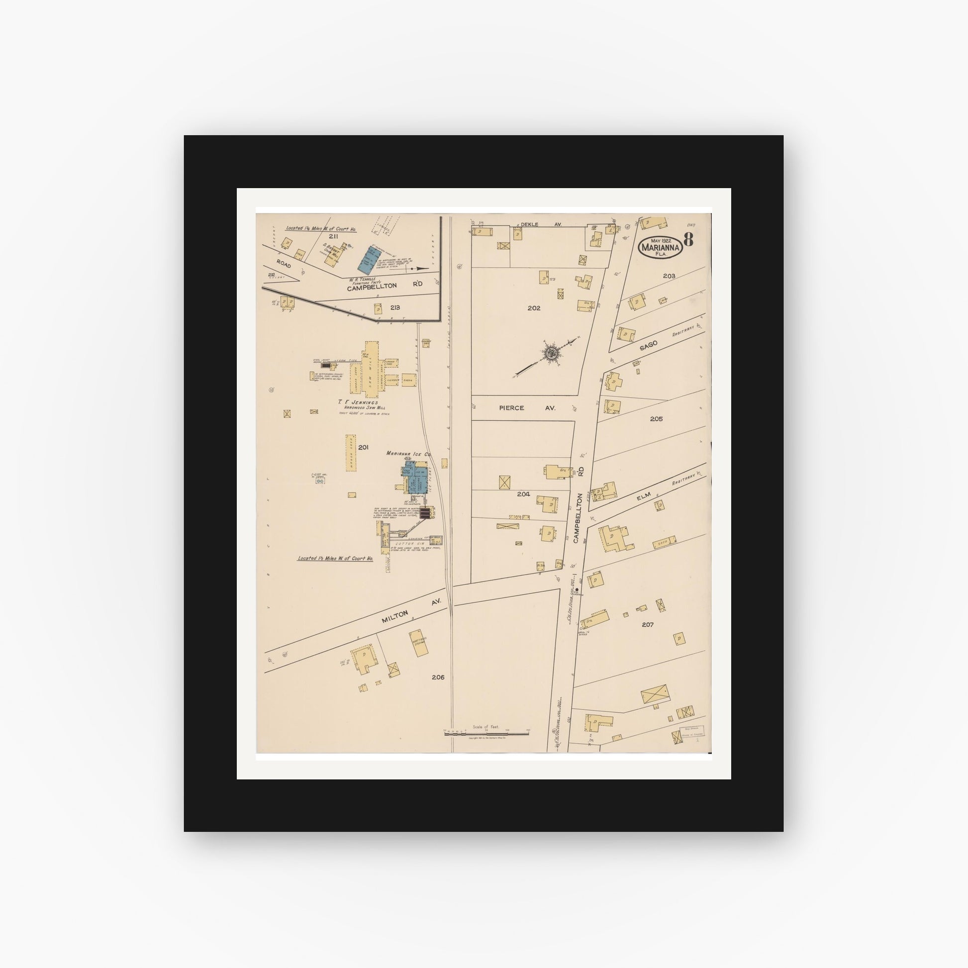 Old map wall art mockup — black gallery frame with white mat — Sanborn Fire Insurance Map from Marianna, Jackson County, Florida (1922), Sheet #0008