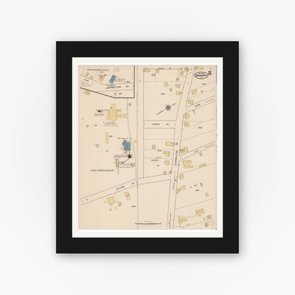 Old map wall art mockup — black gallery frame with white mat — Sanborn Fire Insurance Map from Marianna, Jackson County, Florida (1922), Sheet #0008