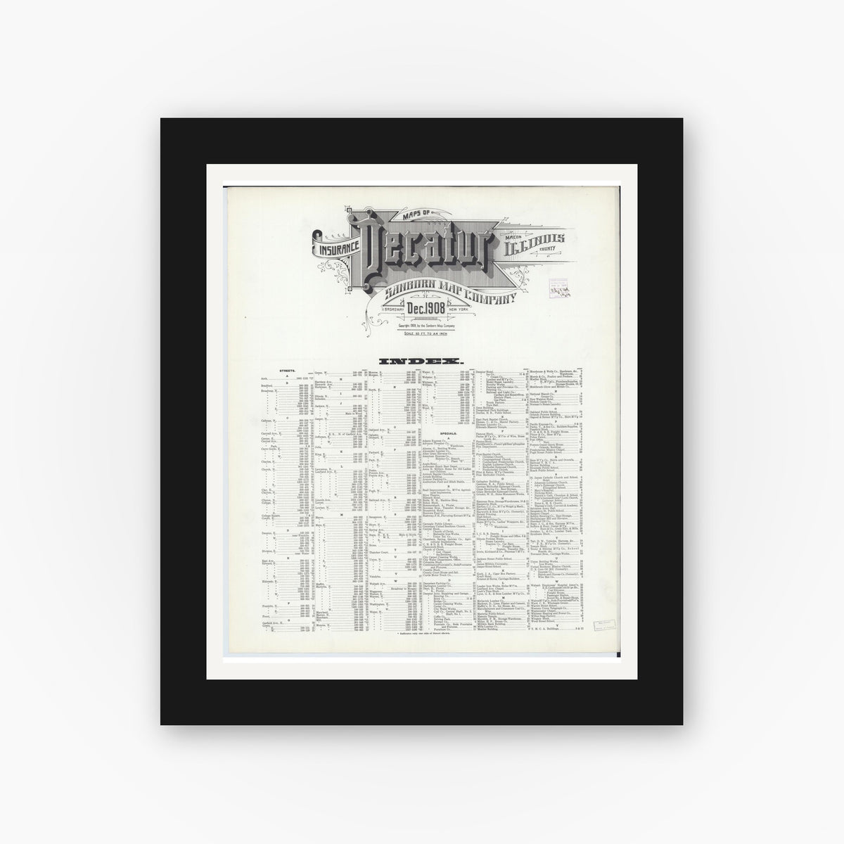 Old map wall art mockup — black gallery frame with white mat — Sanborn Fire Insurance Map from Decatur, Macon County, Illinois (1908), Sheet #0001