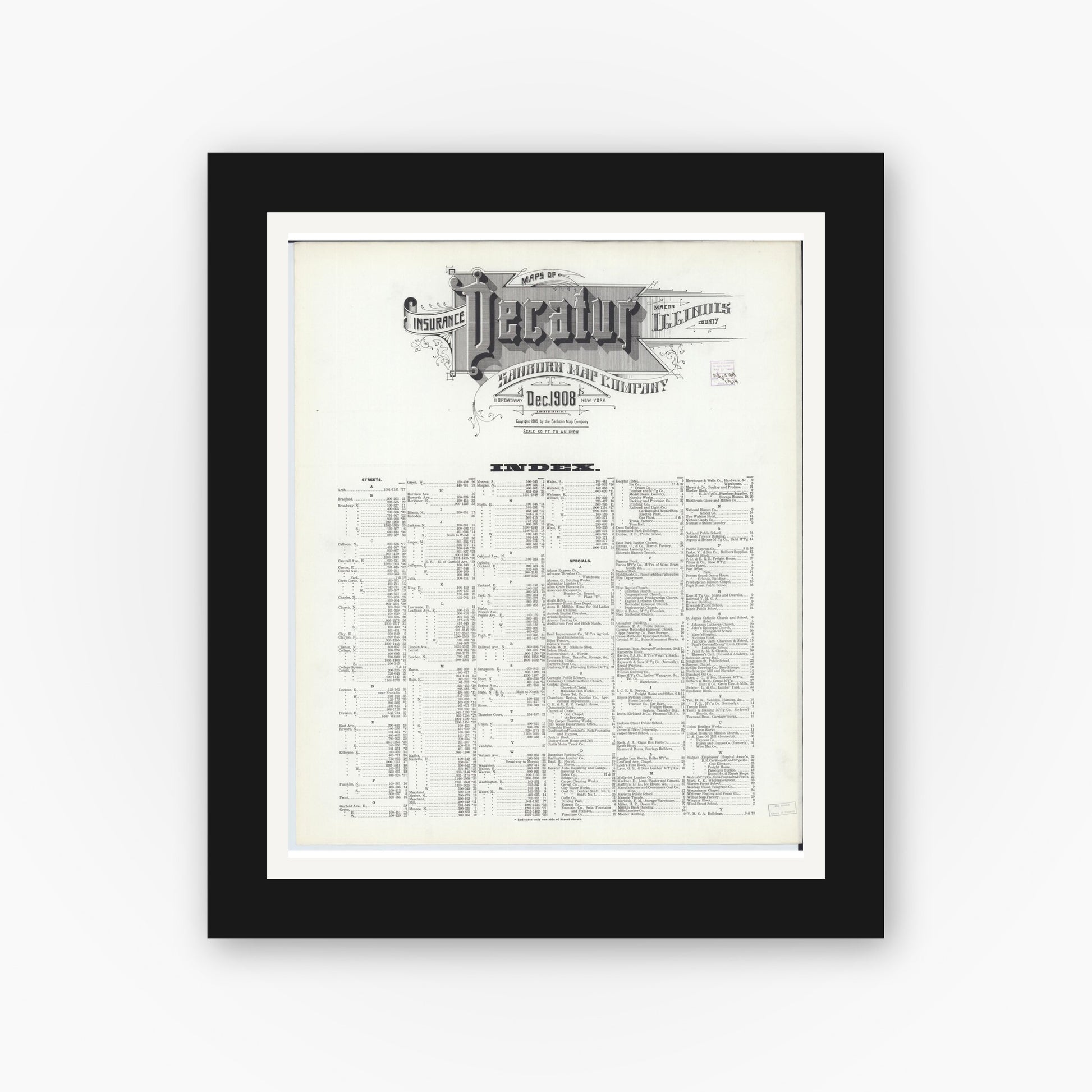 Old map wall art mockup — black gallery frame with white mat — Sanborn Fire Insurance Map from Decatur, Macon County, Illinois (1908), Sheet #0001