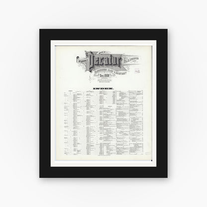 Old map wall art mockup — black gallery frame with white mat — Sanborn Fire Insurance Map from Decatur, Macon County, Illinois (1908), Sheet #0001