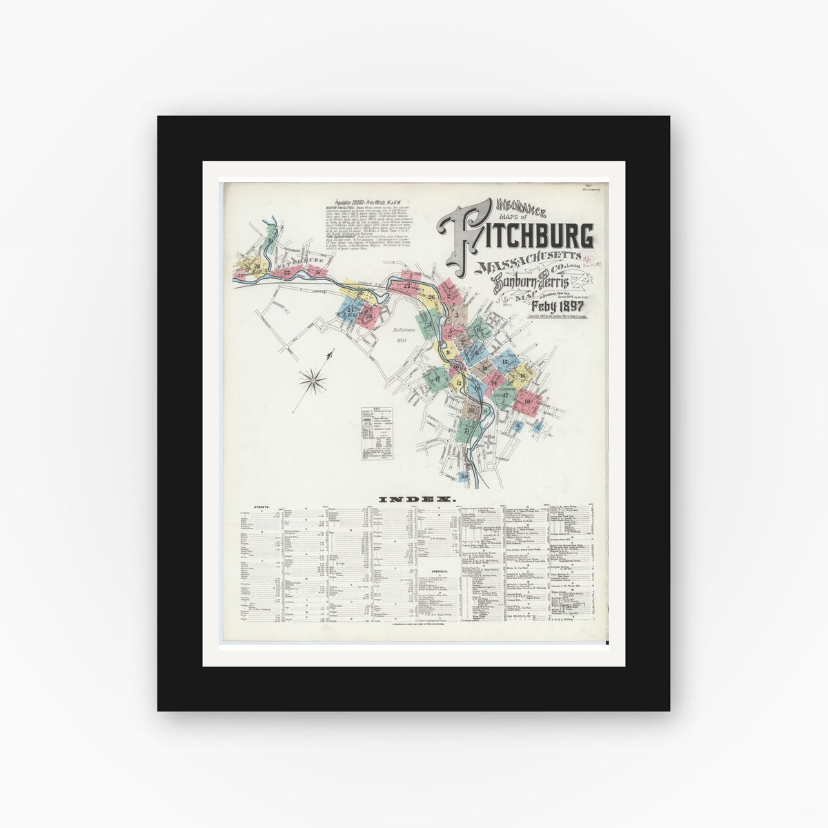 Old map wall art mockup — black gallery frame with white mat — Sanborn Fire Insurance Map from Fitchburg, Worcester County, Massachusetts (1897) - Complete Map Set
