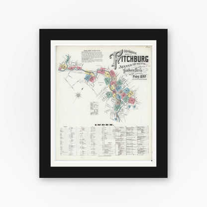 Old map wall art mockup — black gallery frame with white mat — Sanborn Fire Insurance Map from Fitchburg, Worcester County, Massachusetts (1897) - Complete Map Set
