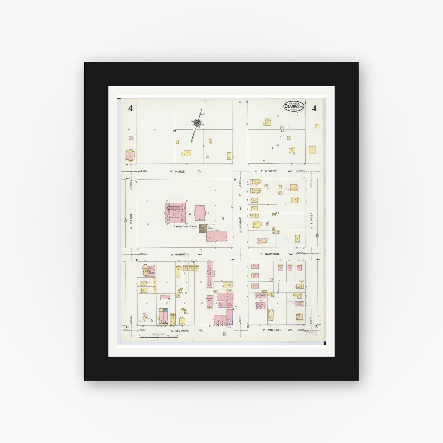 Old map wall art mockup — black gallery frame with white mat — Sanborn Fire Insurance Map from Dearborn, Wayne County, Michigan (1924), Sheet #0004