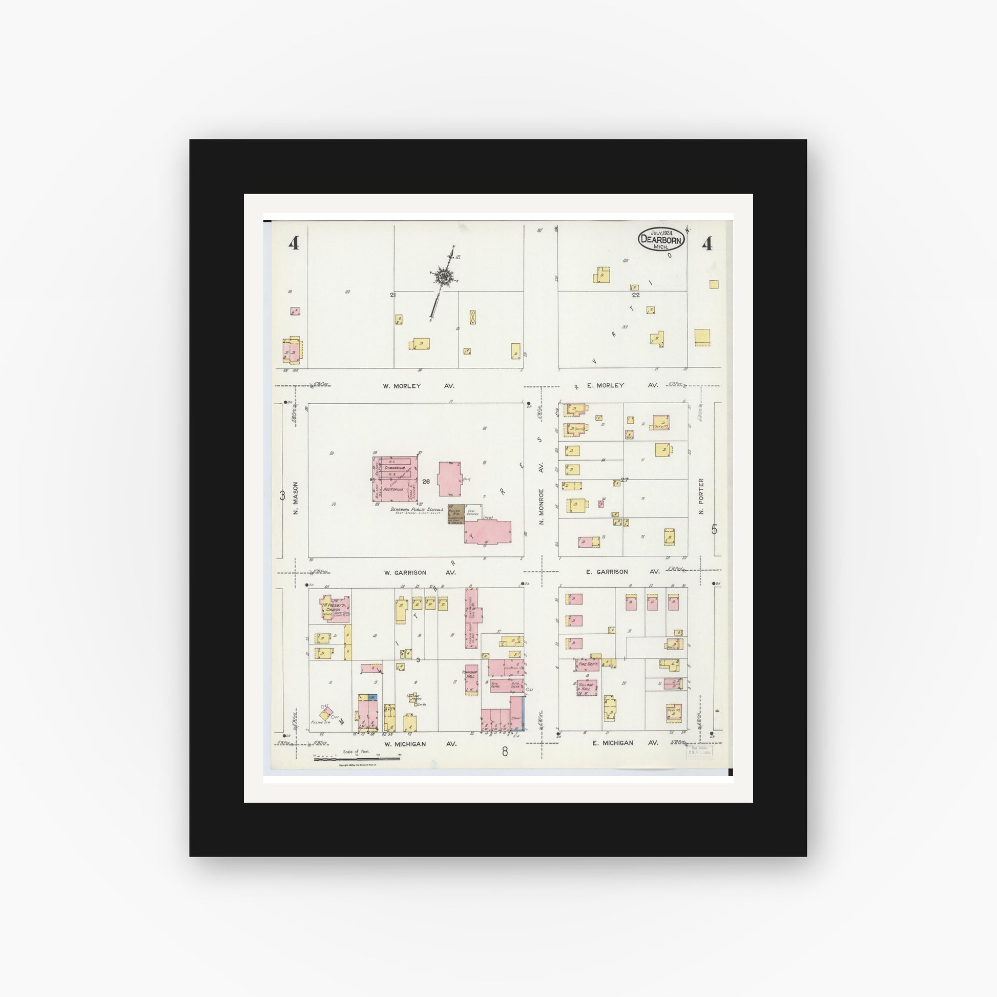 Old map wall art mockup — black gallery frame with white mat — Sanborn Fire Insurance Map from Dearborn, Wayne County, Michigan (1924), Sheet #0004