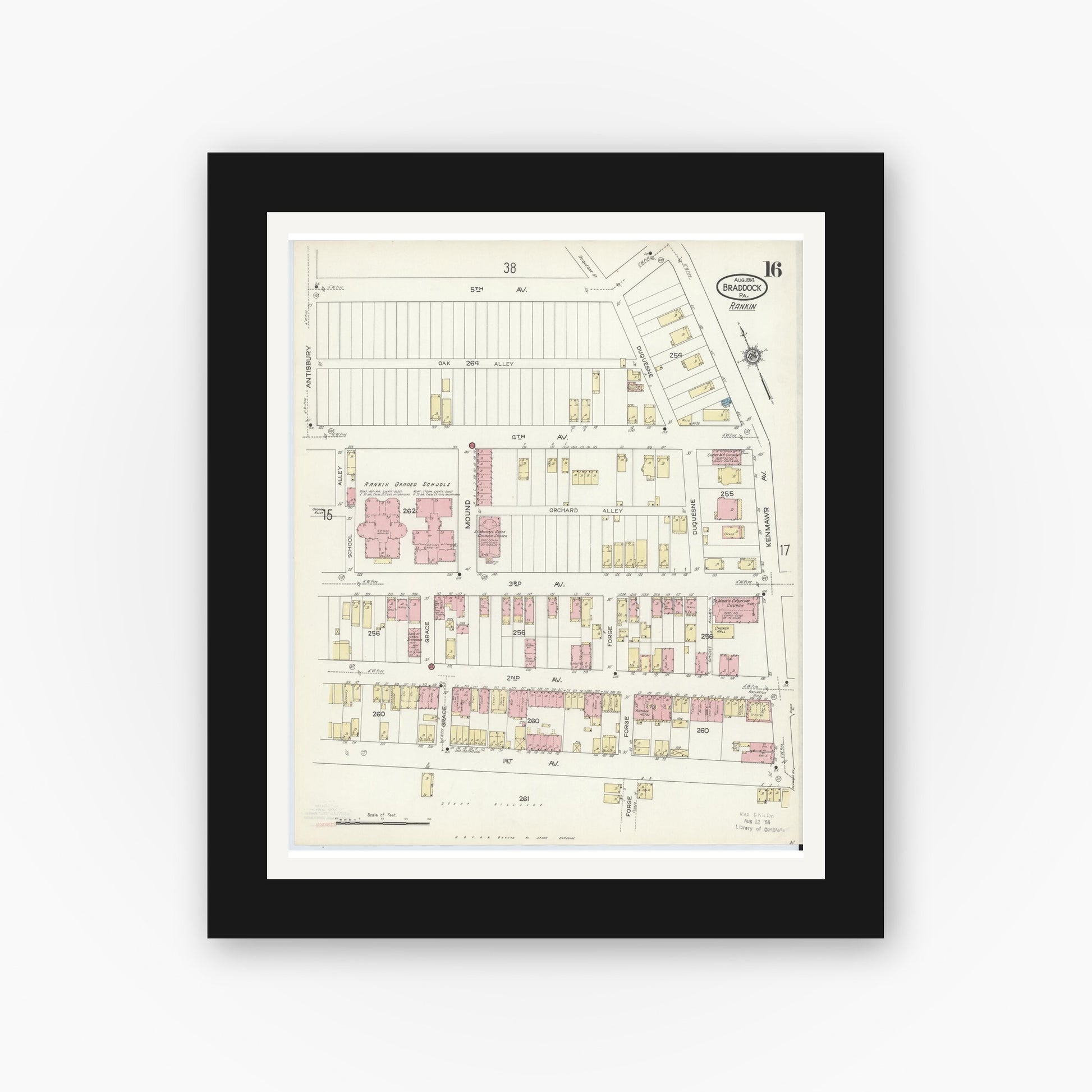 Old map wall art mockup — black gallery frame with white mat — Sanborn Fire Insurance Map from Braddock, Allegheny County, Pennsylvania (1914), Sheet #0016