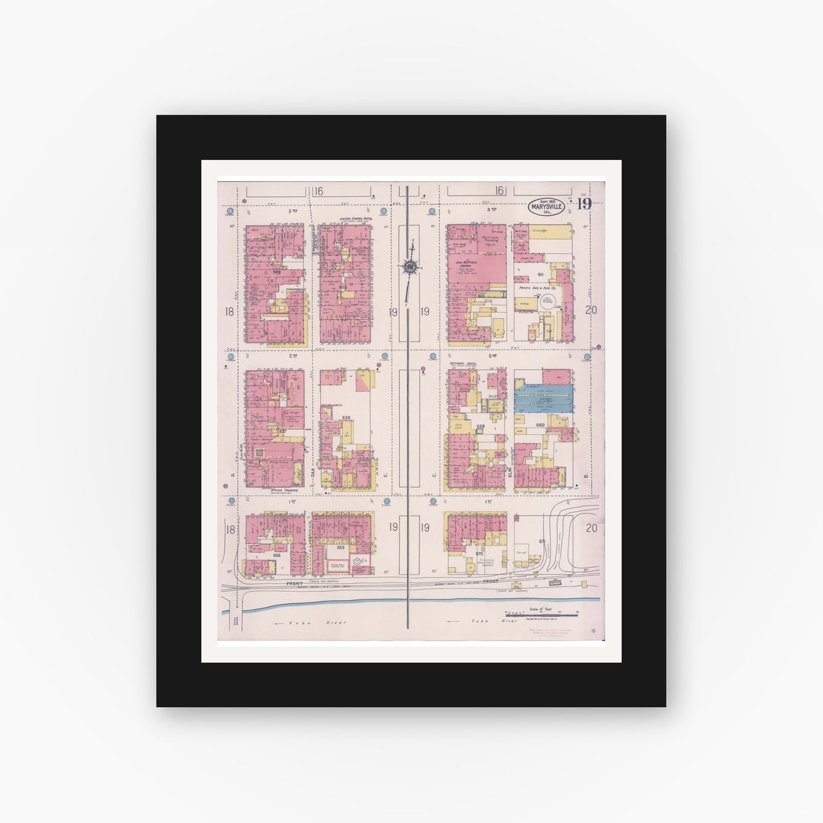 Old map wall art mockup — black gallery frame with white mat — Sanborn Fire Insurance Map from Marysville, Yuba County, California (1921), Sheet #0019