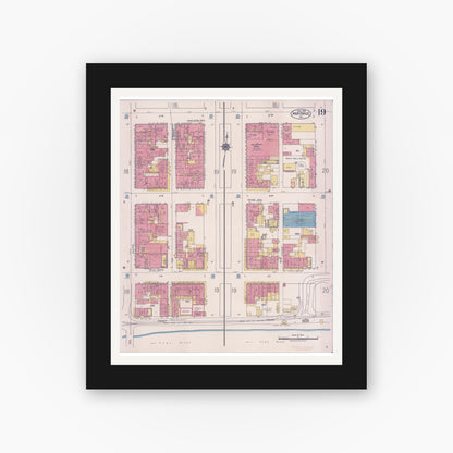 Old map wall art mockup — black gallery frame with white mat — Sanborn Fire Insurance Map from Marysville, Yuba County, California (1921), Sheet #0019