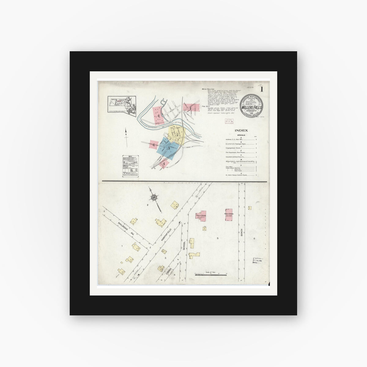 Old map wall art mockup — black gallery frame with white mat — Sanborn Fire Insurance Map from Millers Falls, Franklin County, Massachusetts (1914), Sheet #0001