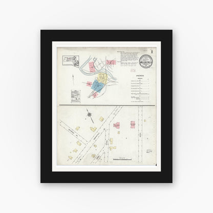 Old map wall art mockup — black gallery frame with white mat — Sanborn Fire Insurance Map from Millers Falls, Franklin County, Massachusetts (1914), Sheet #0001