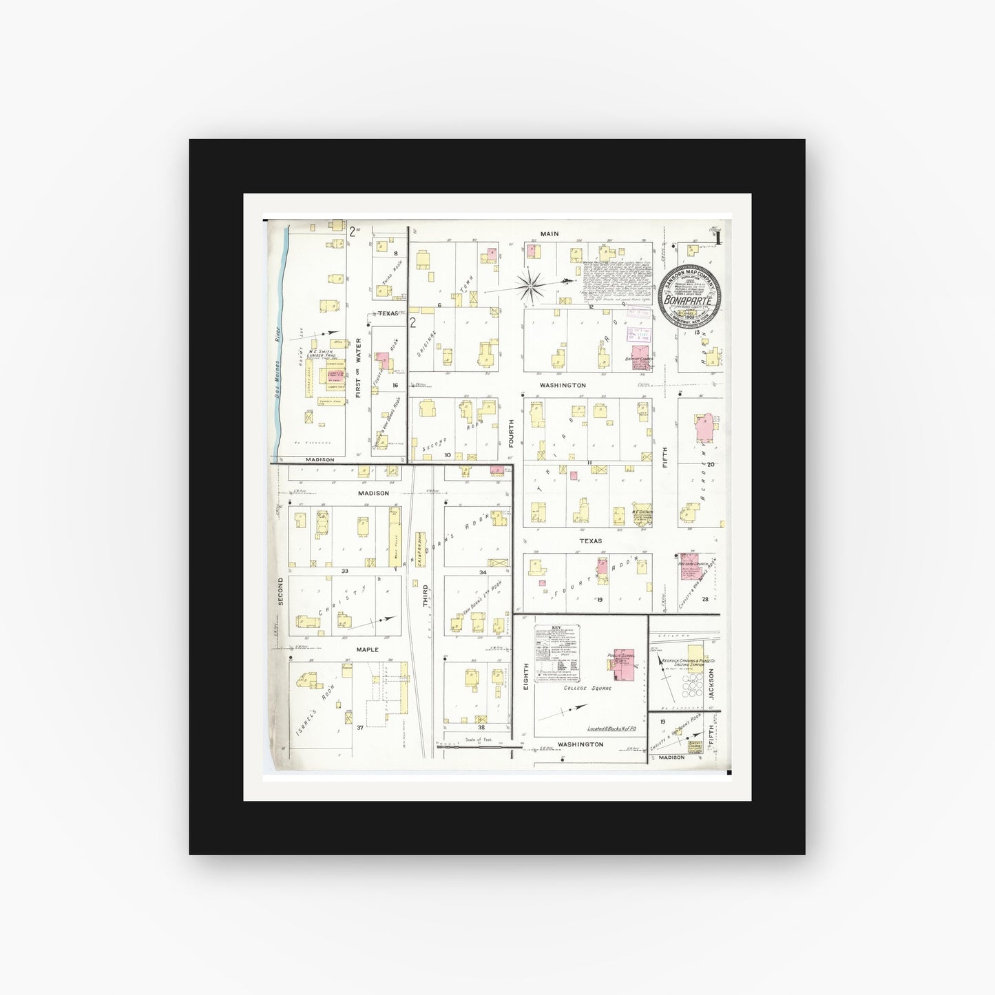 Old map wall art mockup — black gallery frame with white mat — Sanborn Fire Insurance Map from Bonaparte, Van Buren County, Iowa (1909) â€” Complete Set