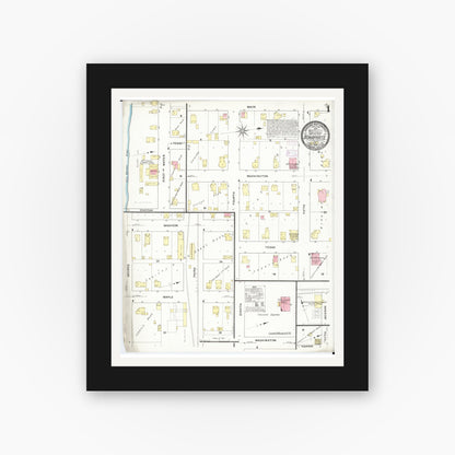 Old map wall art mockup — black gallery frame with white mat — Sanborn Fire Insurance Map from Bonaparte, Van Buren County, Iowa (1909) â€” Complete Set