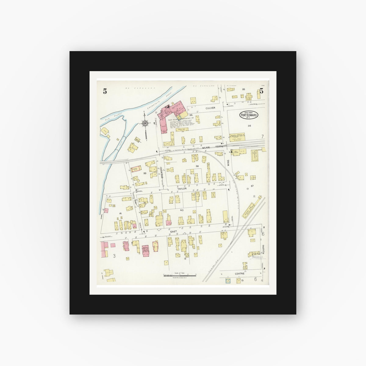 Old map wall art mockup — black gallery frame with white mat — Sanborn Fire Insurance Map from Fort Edward, Washington County, New York (1924), Sheet #0005