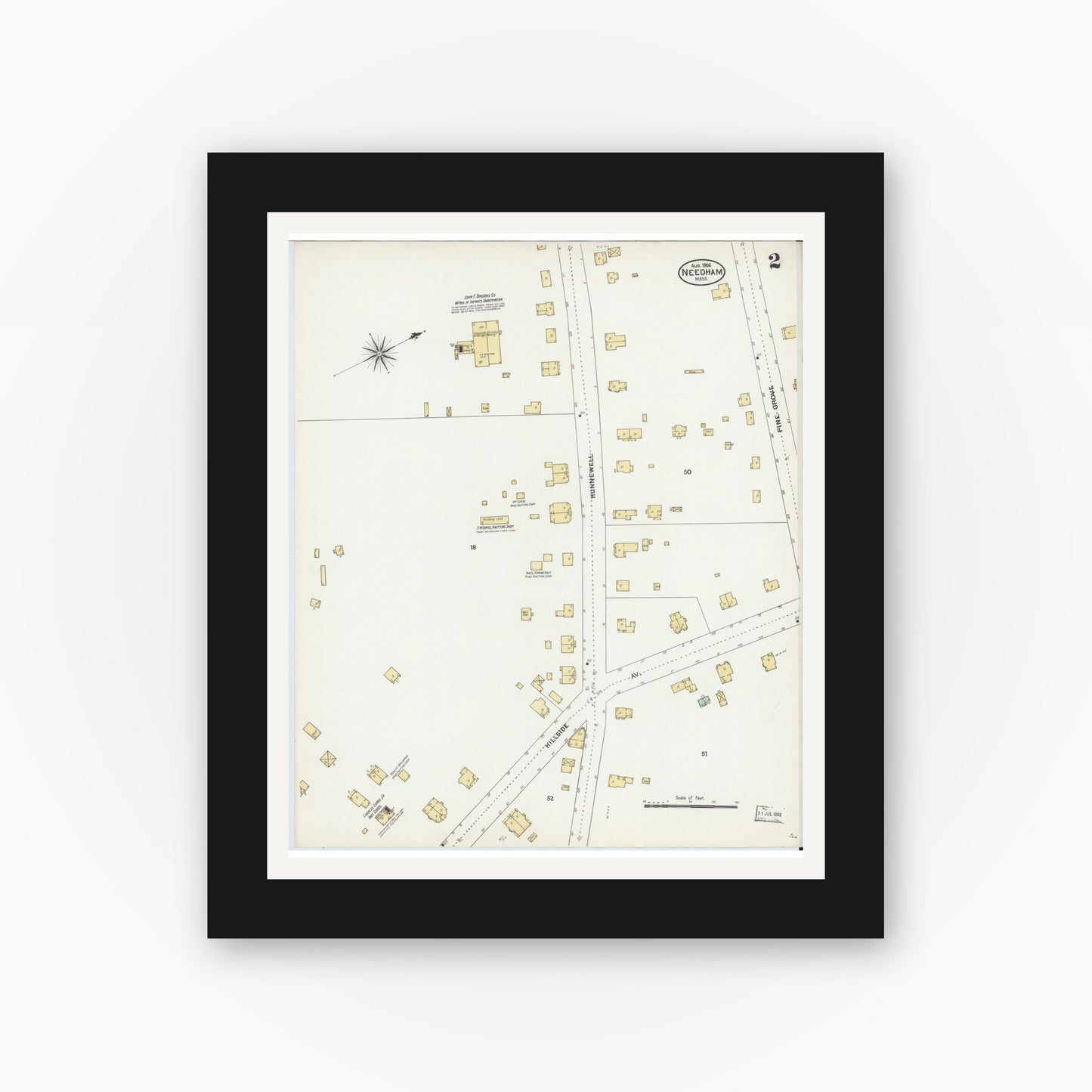 Old map wall art mockup — black gallery frame with white mat — Sanborn Fire Insurance Map from Needham, Norfolk County, Massachusetts (1906), Sheet #0002