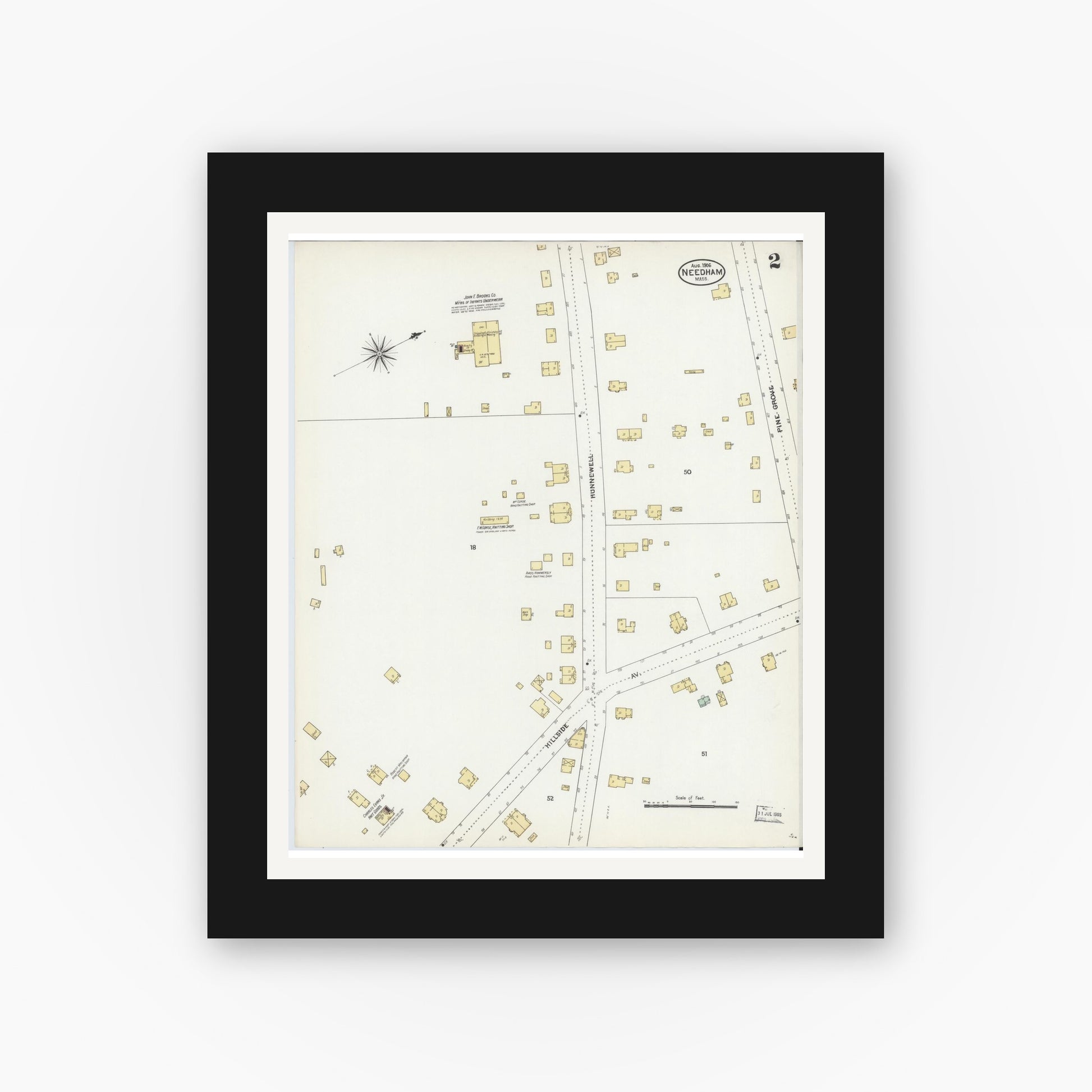 Old map wall art mockup — black gallery frame with white mat — Sanborn Fire Insurance Map from Needham, Norfolk County, Massachusetts (1906), Sheet #0002