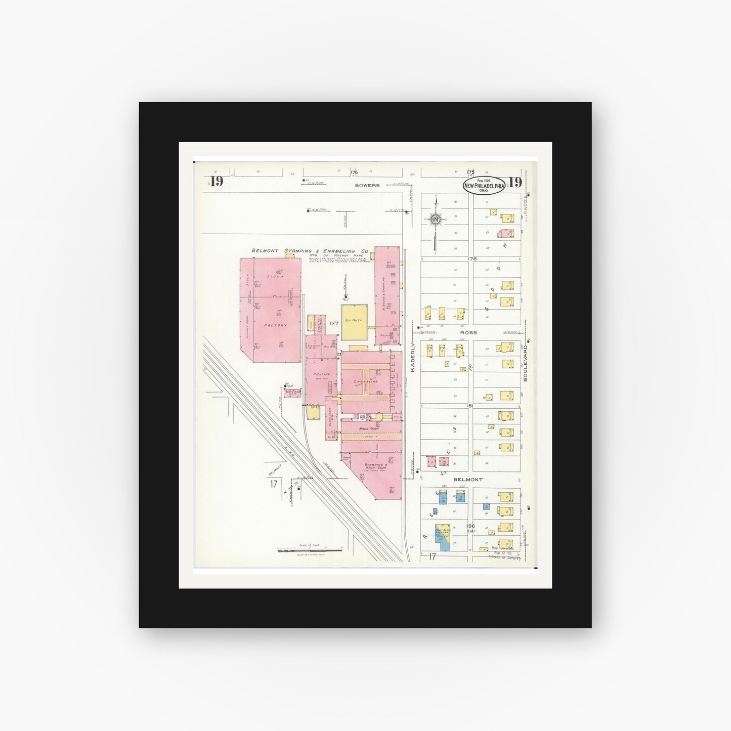 Old map wall art mockup — black gallery frame with white mat — Sanborn Fire Insurance Map from New Philadelphia, Tuscarawas County, Ohio (1926), Sheet #0019