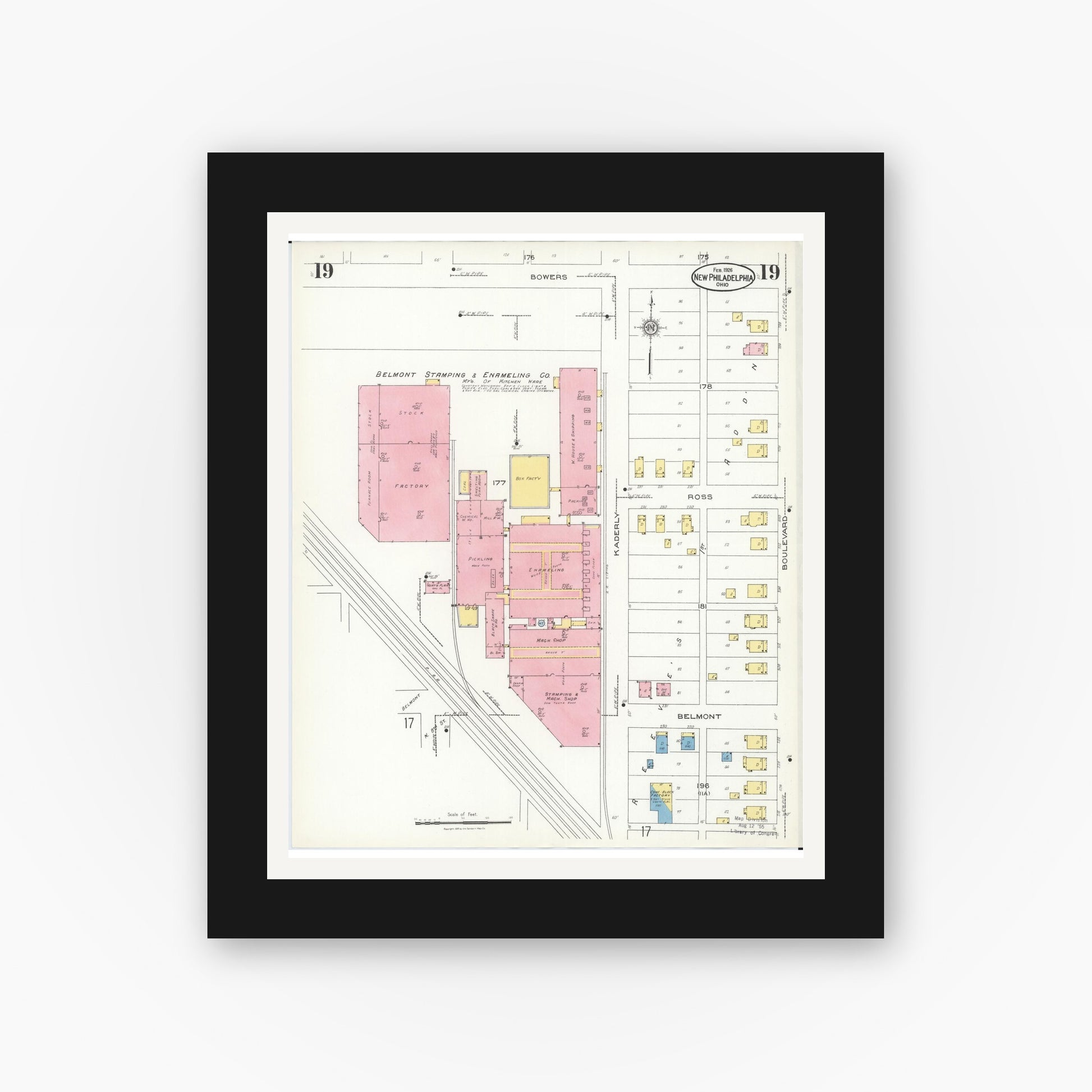 Old map wall art mockup — black gallery frame with white mat — Sanborn Fire Insurance Map from New Philadelphia, Tuscarawas County, Ohio (1926), Sheet #0019
