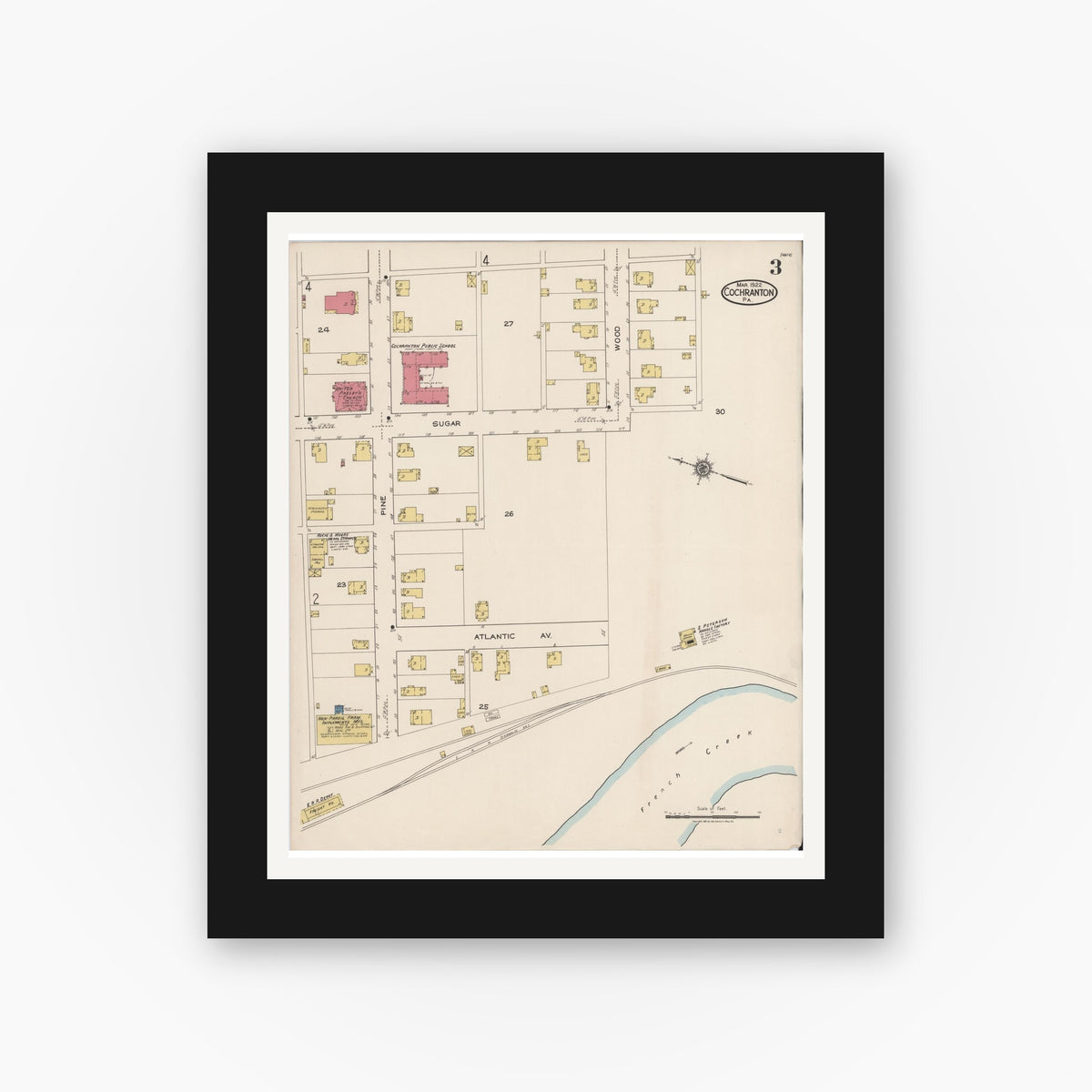 Old map wall art mockup — black gallery frame with white mat — Sanborn Fire Insurance Map from Cochranton, Crawford County, Pennsylvania (1922), Sheet #0003