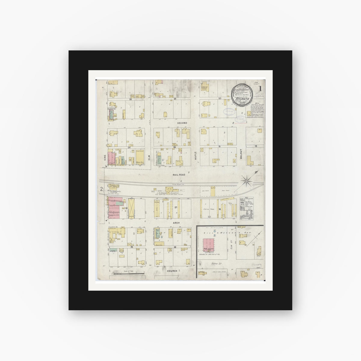 Old map wall art mockup — black gallery frame with white mat — Sanborn Fire Insurance Map from Atlanta, Logan County, Illinois (1898), Sheet #0001