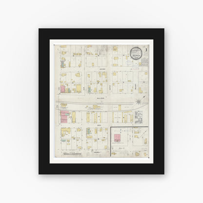 Old map wall art mockup — black gallery frame with white mat — Sanborn Fire Insurance Map from Atlanta, Logan County, Illinois (1898), Sheet #0001