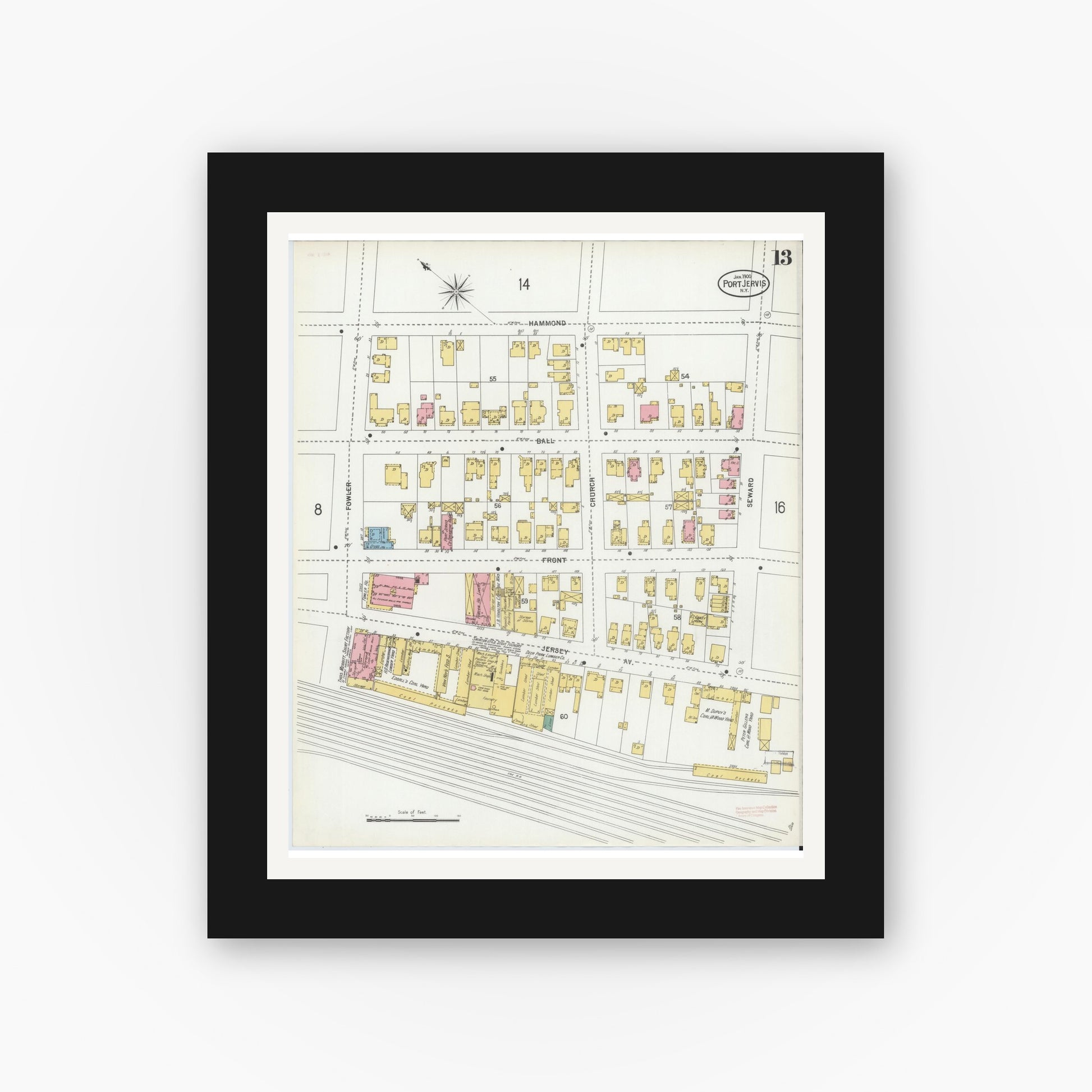 Old map wall art mockup — black gallery frame with white mat — Sanborn Fire Insurance Map from Port Jervis, Orange County, New York (1900), Sheet #0013