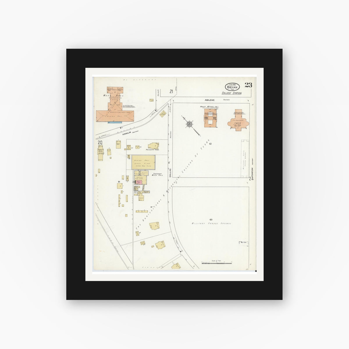 Old map wall art mockup — black gallery frame with white mat — Sanborn Fire Insurance Map from Bryan, Brazos County, Texas (1912), Sheet #0023