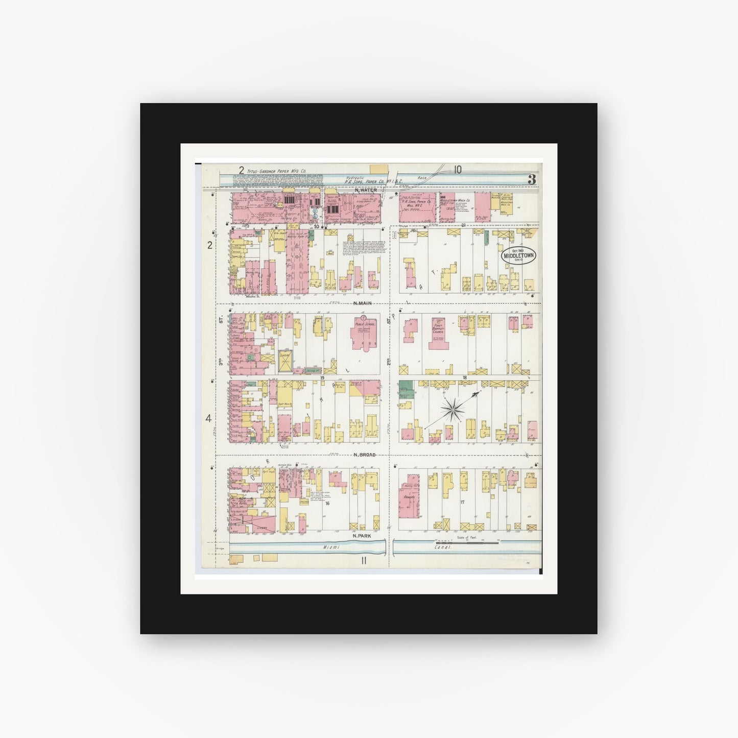 Old map wall art mockup — black gallery frame with white mat — Sanborn Fire Insurance Map from Middletown, Butler County, Ohio (1901), Sheet #0003