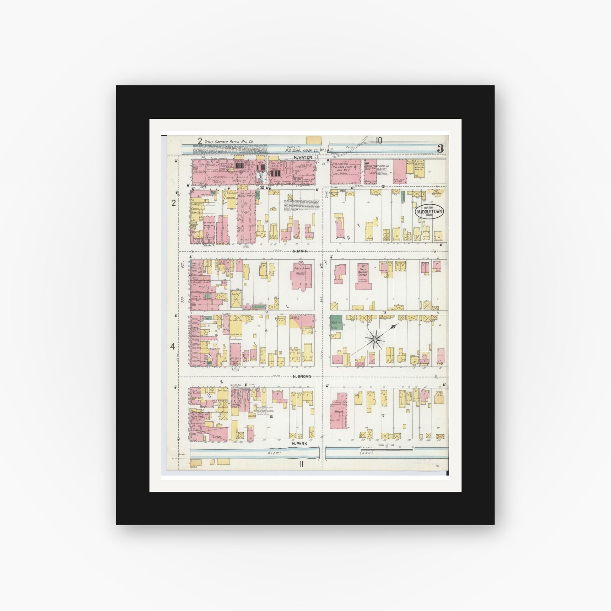 Old map wall art mockup — black gallery frame with white mat — Sanborn Fire Insurance Map from Middletown, Butler County, Ohio (1901), Sheet #0003