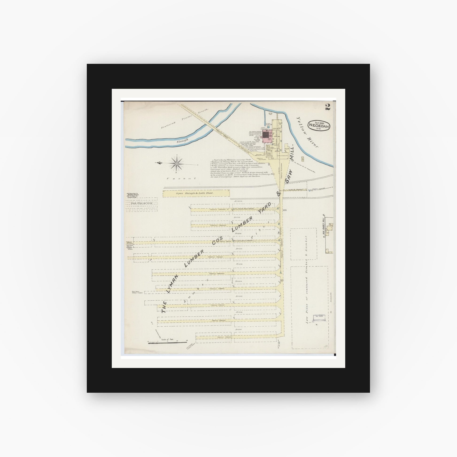 Old map wall art mockup — black gallery frame with white mat — Sanborn Fire Insurance Map from Necedah, Juneau County, Wisconsin (1885), Sheet #0002
