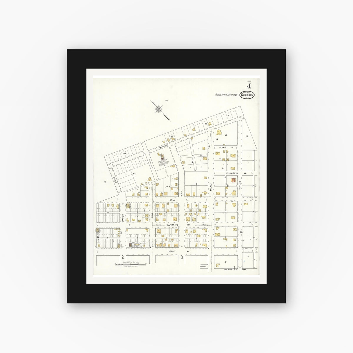 Old map wall art mockup — black gallery frame with white mat — Sanborn Fire Insurance Map from Rogers, Bell County, Texas (1921), Sheet #0004