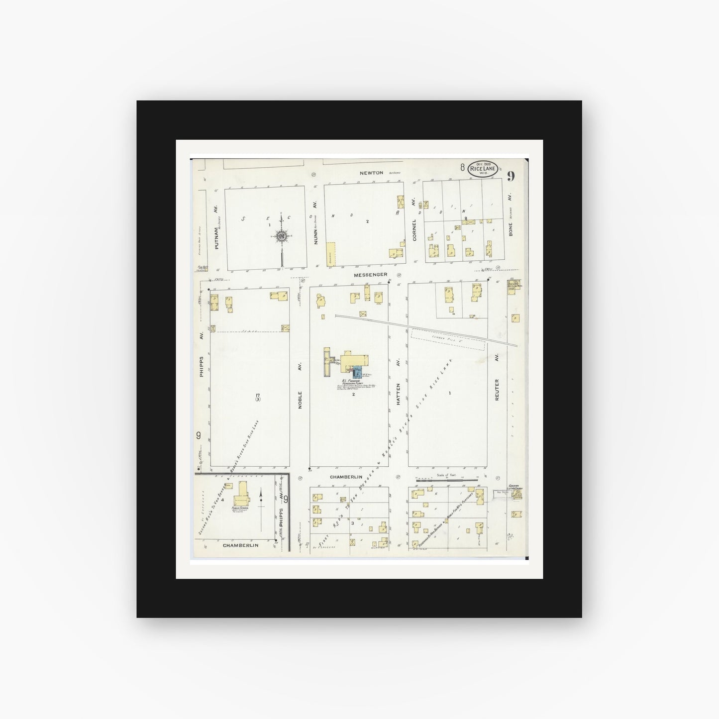 Old map wall art mockup — black gallery frame with white mat — Sanborn Fire Insurance Map from Rice Lake, Barron County, Wisconsin (1909), Sheet #0009