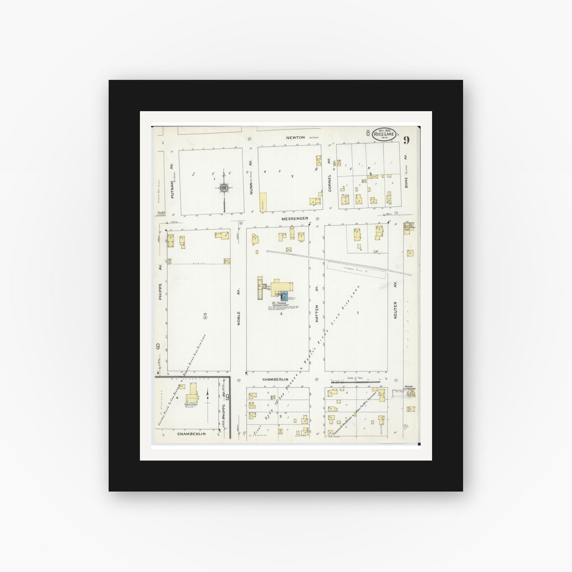 Old map wall art mockup — black gallery frame with white mat — Sanborn Fire Insurance Map from Rice Lake, Barron County, Wisconsin (1909), Sheet #0009