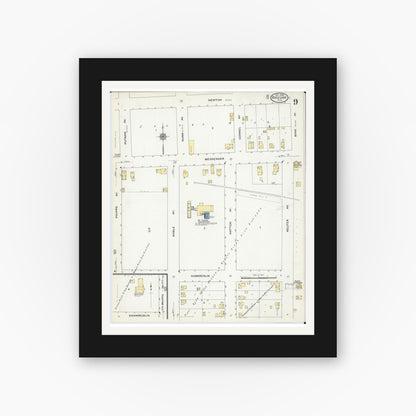 Old map wall art mockup — black gallery frame with white mat — Sanborn Fire Insurance Map from Rice Lake, Barron County, Wisconsin (1909), Sheet #0009