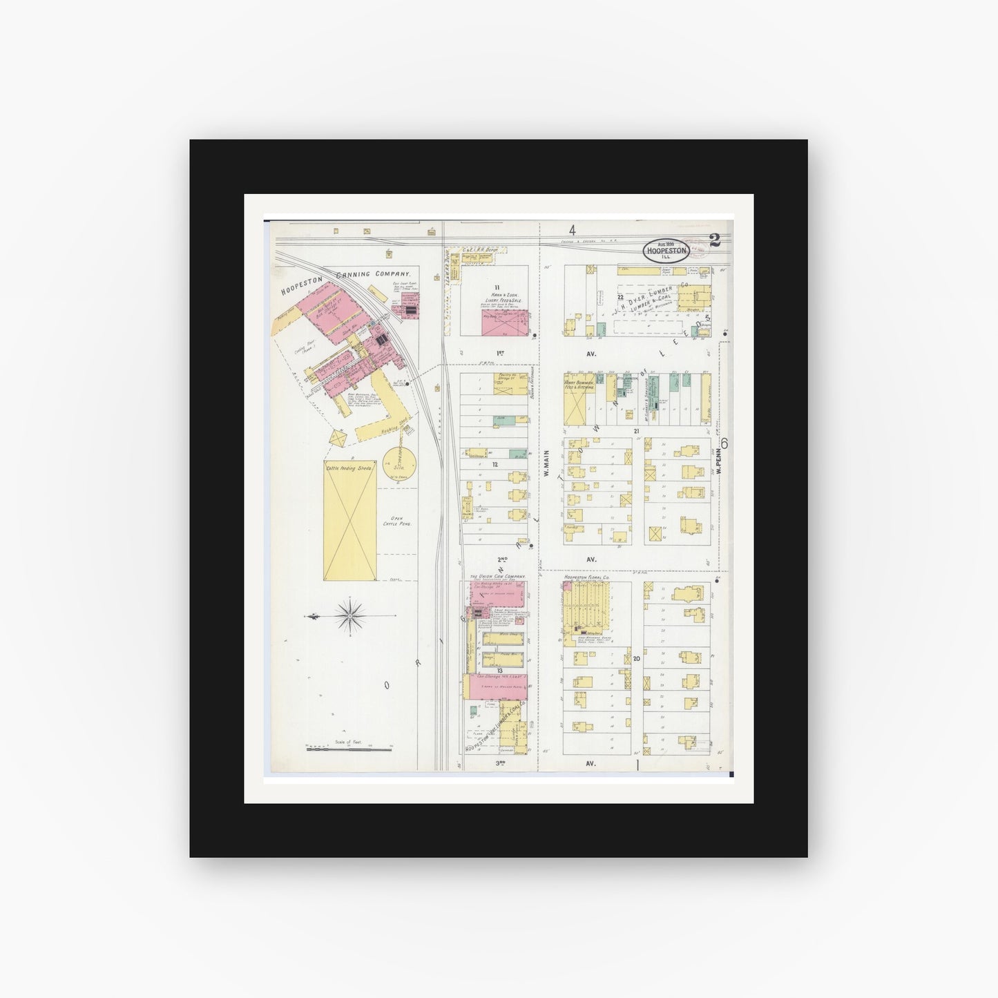 Old map wall art mockup — black gallery frame with white mat — Sanborn Fire Insurance Map from Hoopeston, Vermilion County, Illinois (1899), Sheet #0002