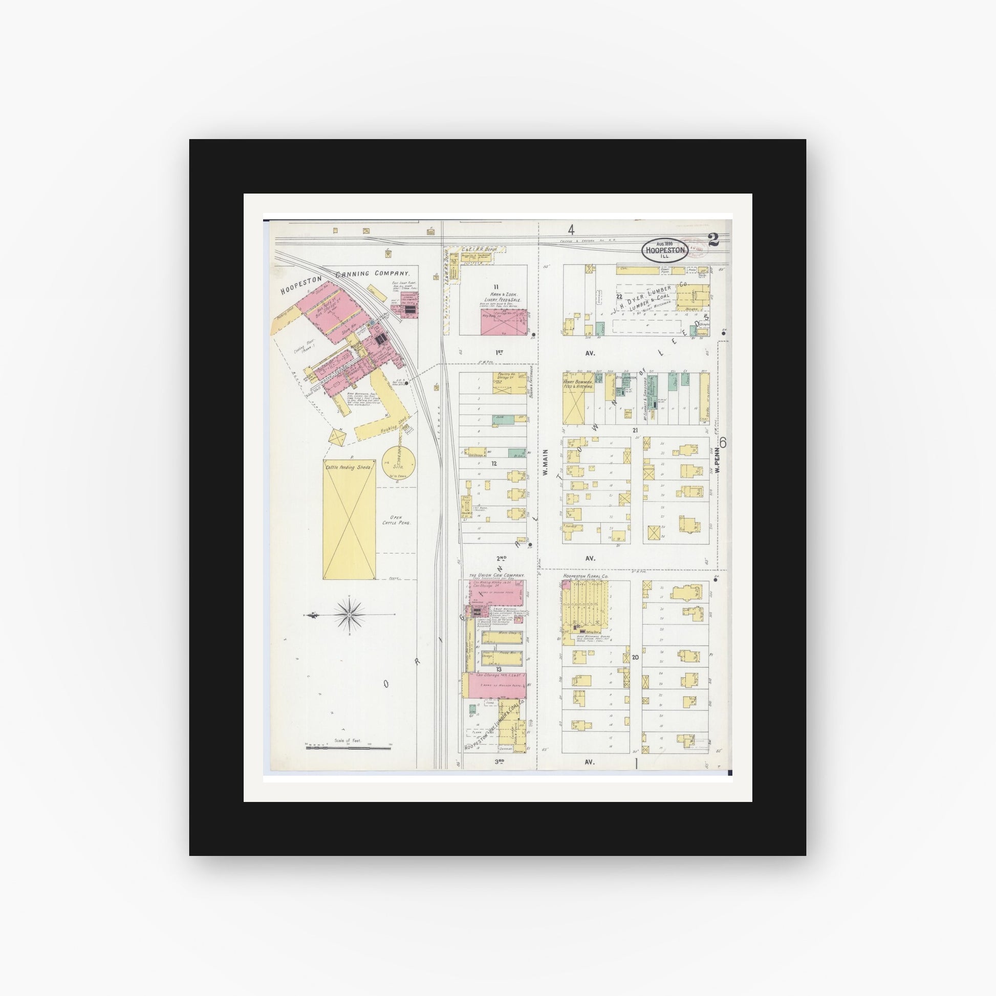 Old map wall art mockup — black gallery frame with white mat — Sanborn Fire Insurance Map from Hoopeston, Vermilion County, Illinois (1899), Sheet #0002