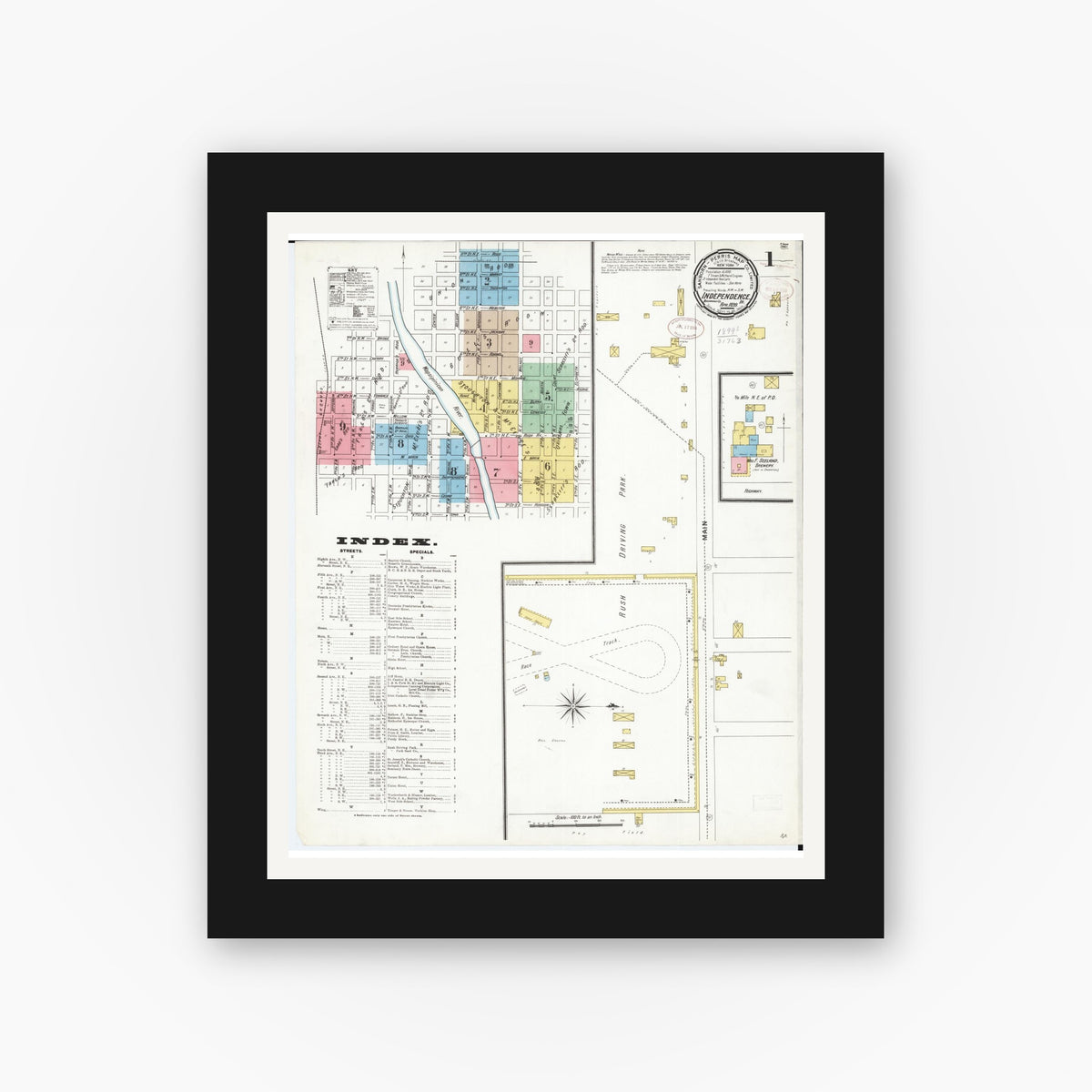 Old map wall art mockup — black gallery frame with white mat — Sanborn Fire Insurance Map from Independence, Buchanan County, Iowa (1899) â€” Complete Set